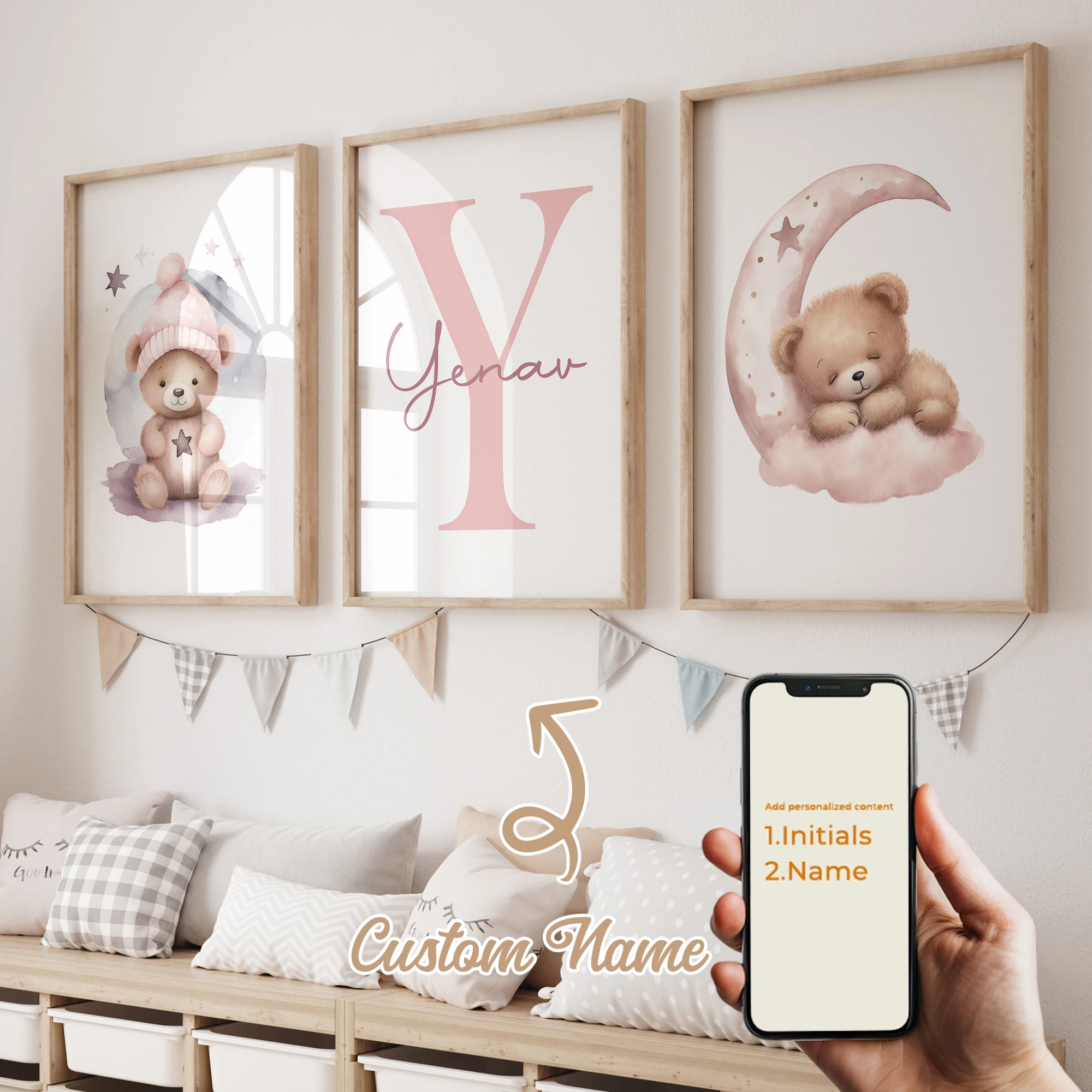 3pcs Custom Kids Personalized Name Pink Sleeping Bear Baby Gift Girls Wall Art Print Picture Living Room Kids Room Home Decor