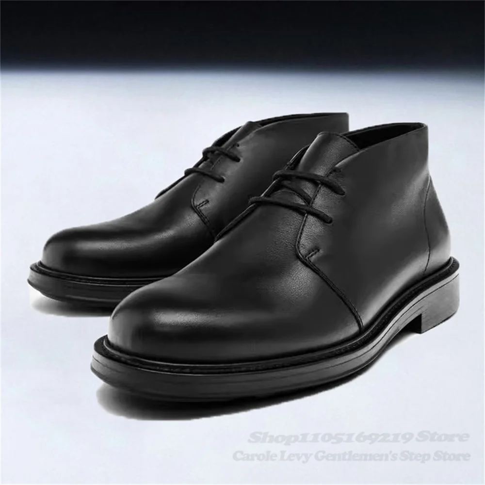 Men Winter New Lace Up Black Leather Minimalist Lace Up Hunting Style Cowhide Short Boots Business Formal High Top Boots
