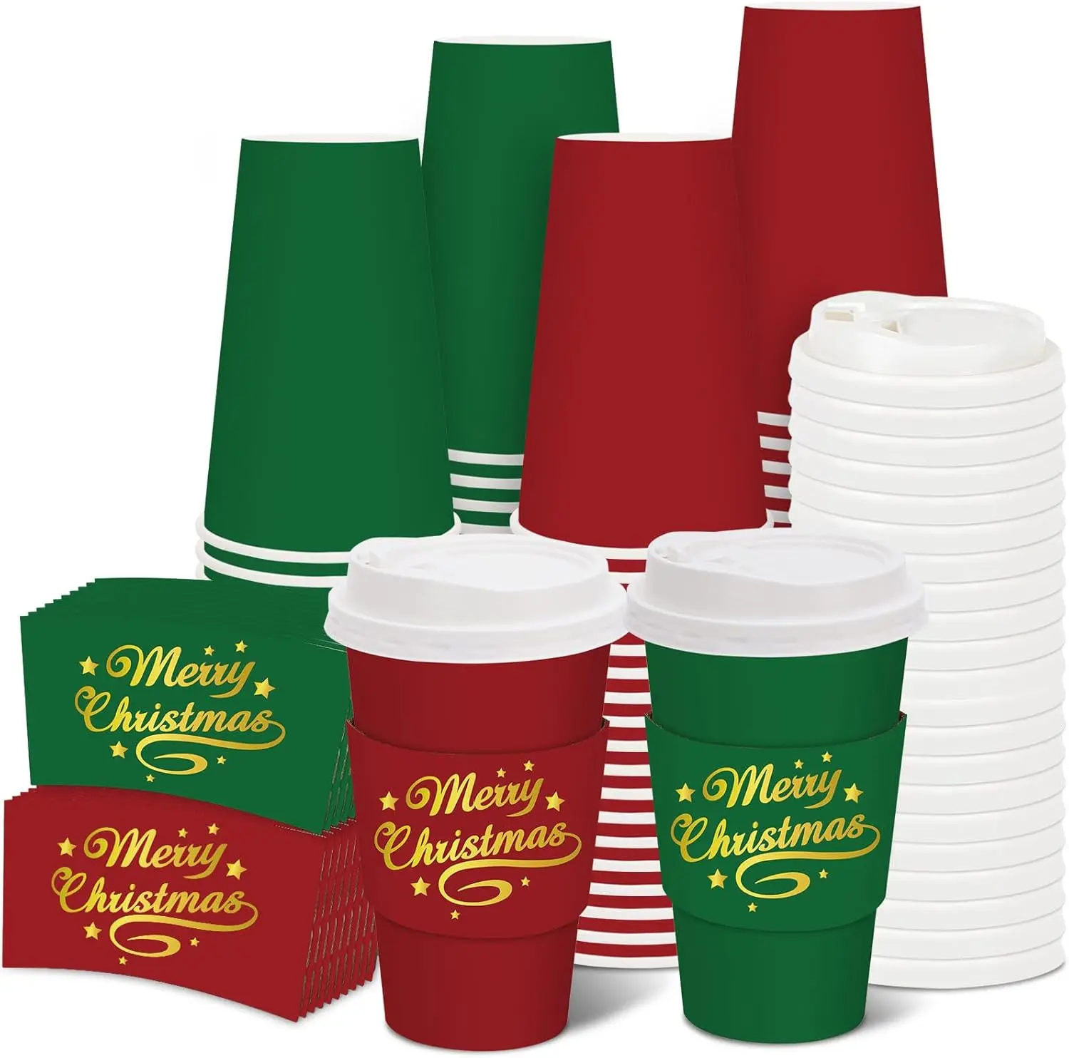 

50 Set Christmas Disposable Coffee Cups with Lids and Sleeves Red Green Gold Merry Christmas Paper Drinking Cups for Xma