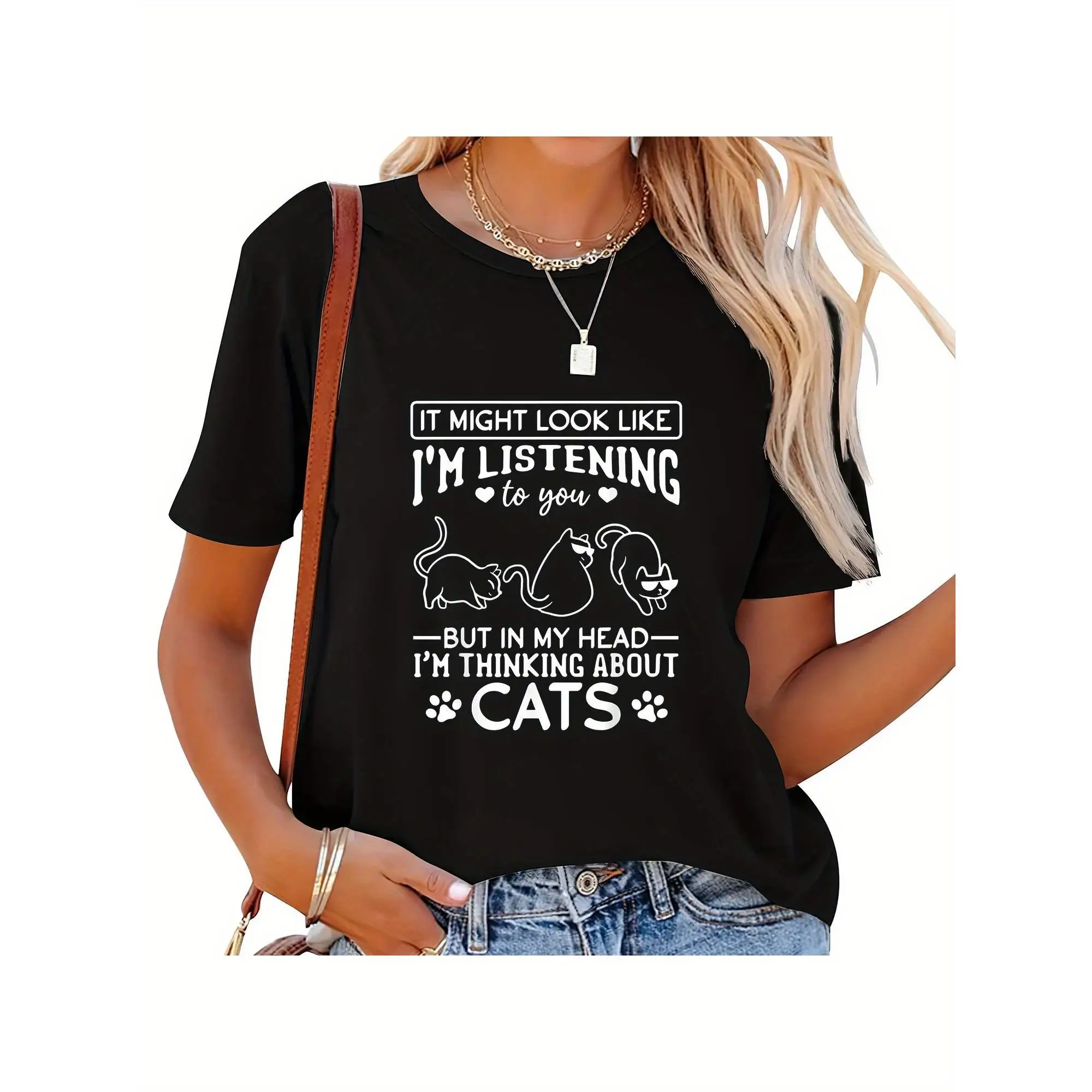 

Unisex "Thinking About Cats" T-Shirt | Funny Pet Lover Focus Graphic Tee | Humorous Introvert Cat Mom Gift Casual Top