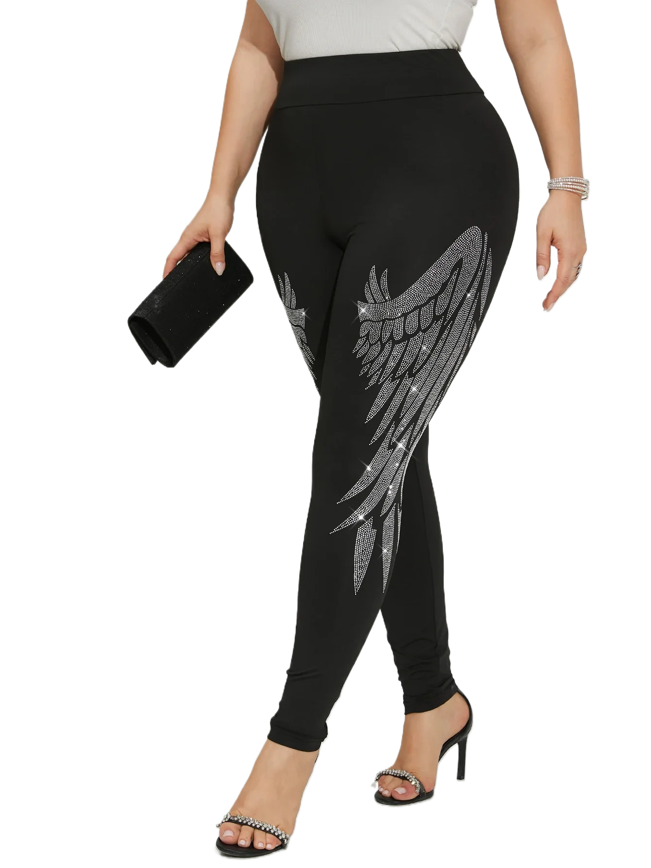 Plus Size Women\'s Leggings Sparkling Rhinestone Angel Wings Pattern Skinny Trousers Fashion Casual High Stretch Knit Bottoms