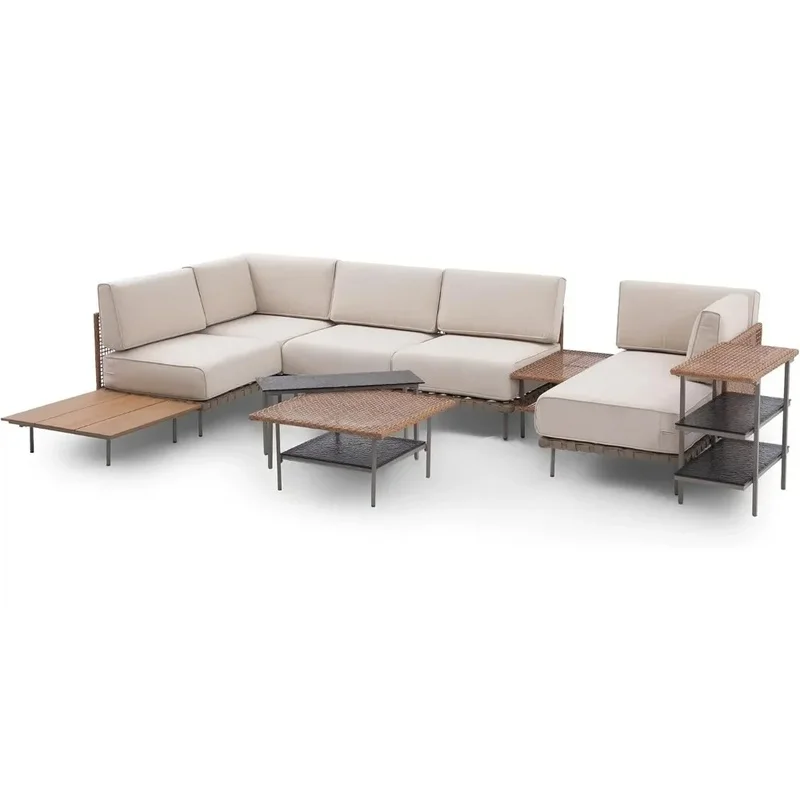 10-Piece Wicker Patio Furniture Set, PE Rattan Sectional Sofa with Washable Cushions for Outdoor Conversation