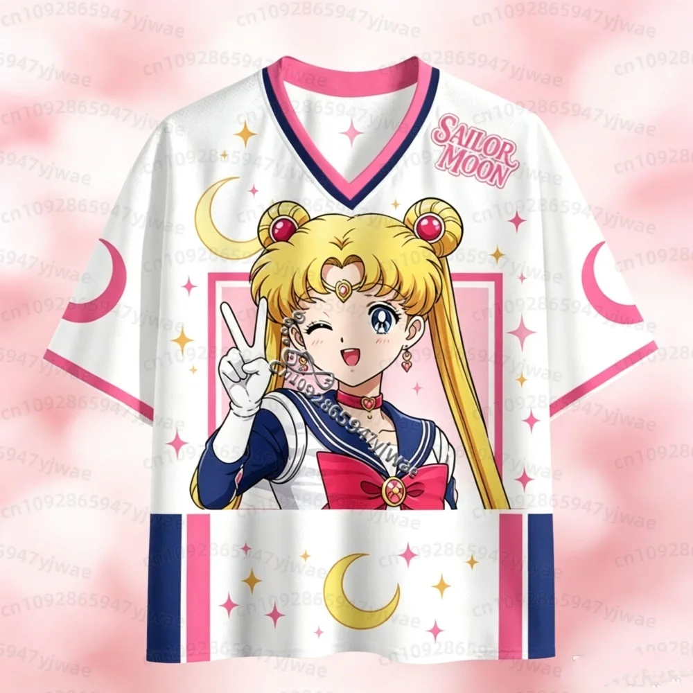 26 Sailor Moon Anime Mesh Jersey T-Shirt Tsukino Usagi Print V Neck Short Sleeve Tee Women Men Harajuku Streetwear Men T-Shirt