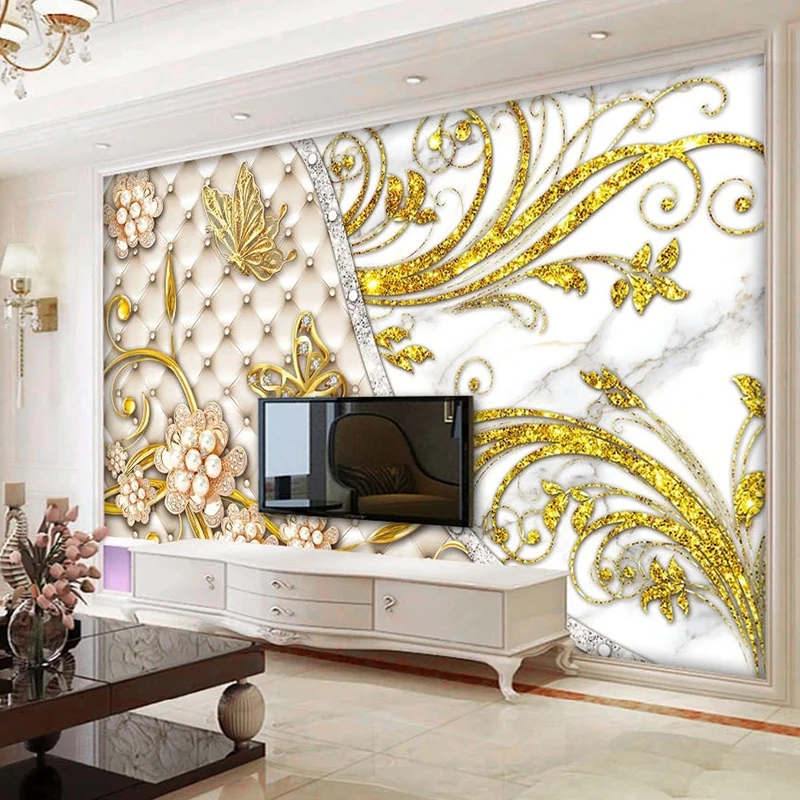 European 3D Gold Jewelry Soft Bag Murals Wallpaper For Living Room Sofa Background Decor Wall Cloth Waterproof Papel De Parede