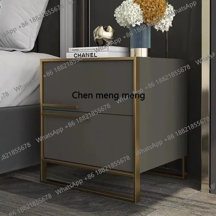 

Light luxury solid wood titanium metal frame bedroom bedside cabinet simple modern leather art bedside table