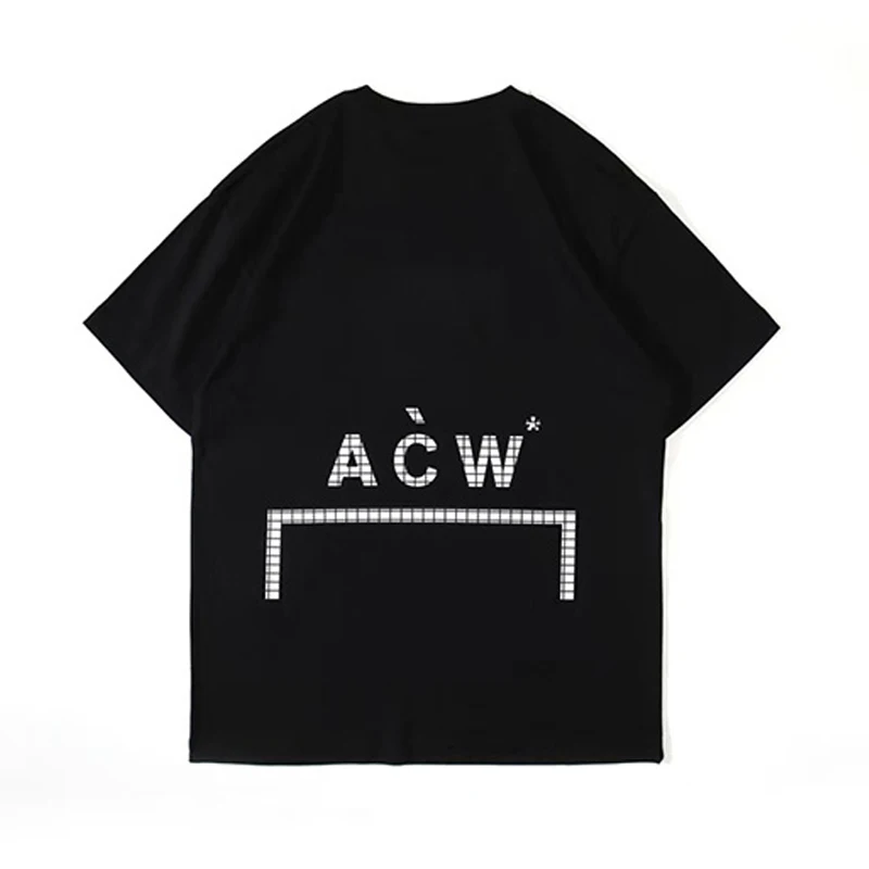 Men Women Streetwear Oversized Fashion T-Shirts Industrial Style Grid Reflective Logo ACW T Shirt Tee Top Black