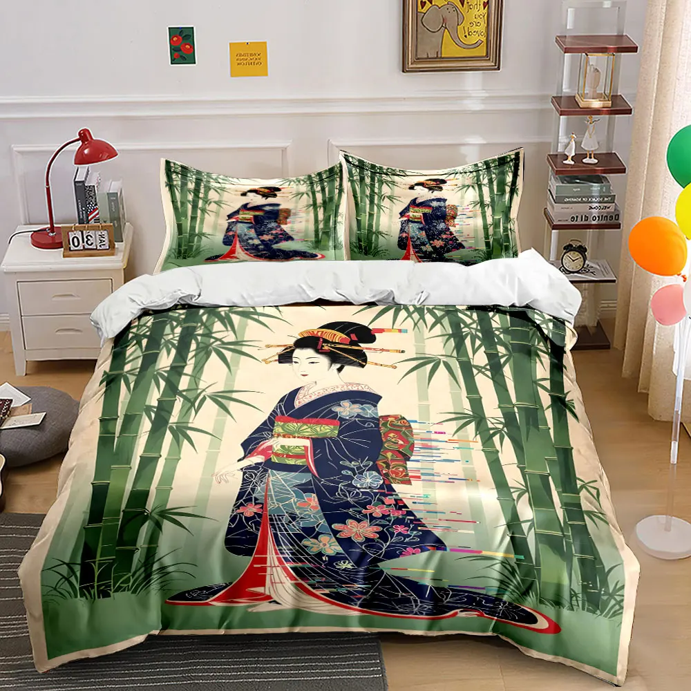 Elegant woman in kimono amidst bamboo Print Bedding Set 1Duvet Cover 2Pillowcases for Adult and Children Luxury Gift Full Size