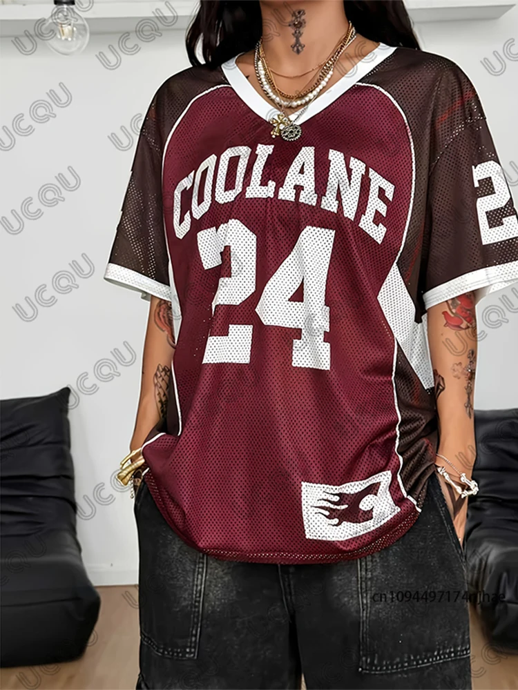 

2026 New Retro No.24 Print T-Shirt For Women Summer V-Neck Patchwork Short Sleeve Tees Sports Football Jersey Y2K Oversized Tops