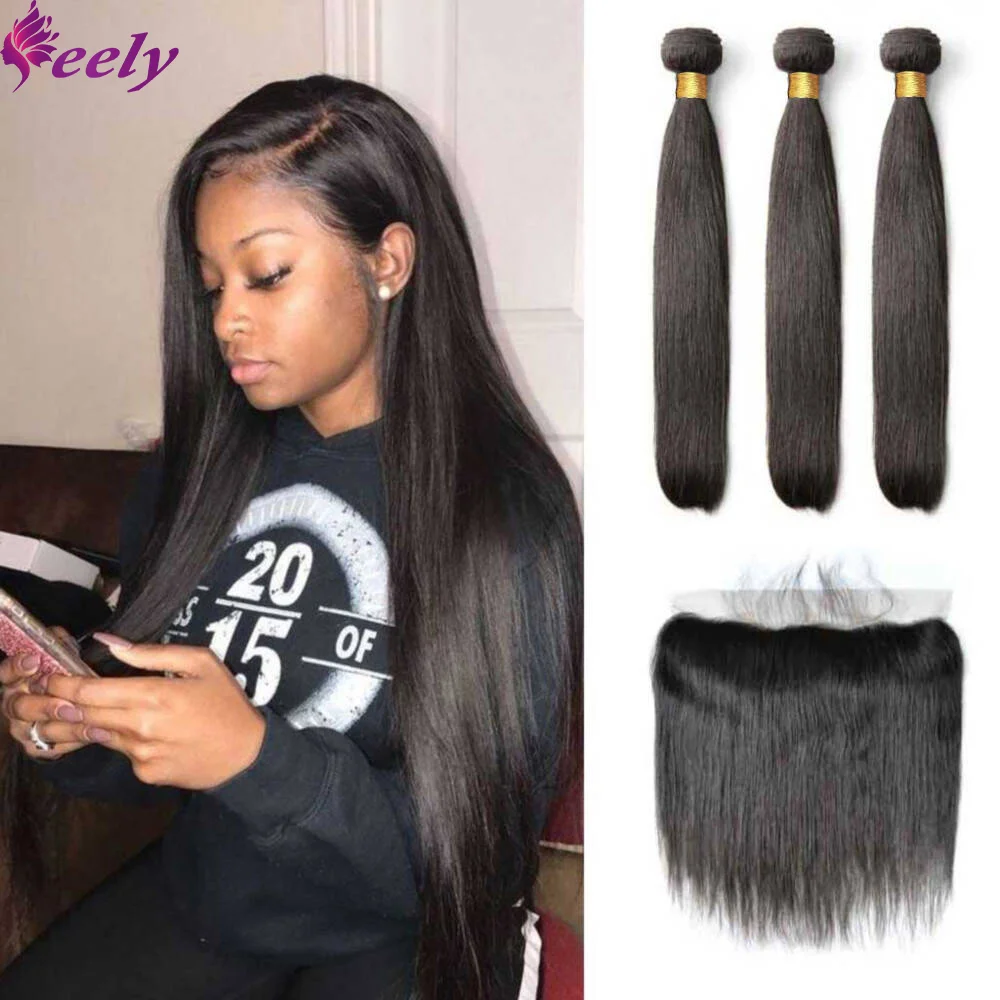 Straight Human Hair Bundles With Closure 100% Unprocessed Human Hair Bundles Extensions Frontal HD Lace Straight Natural Black