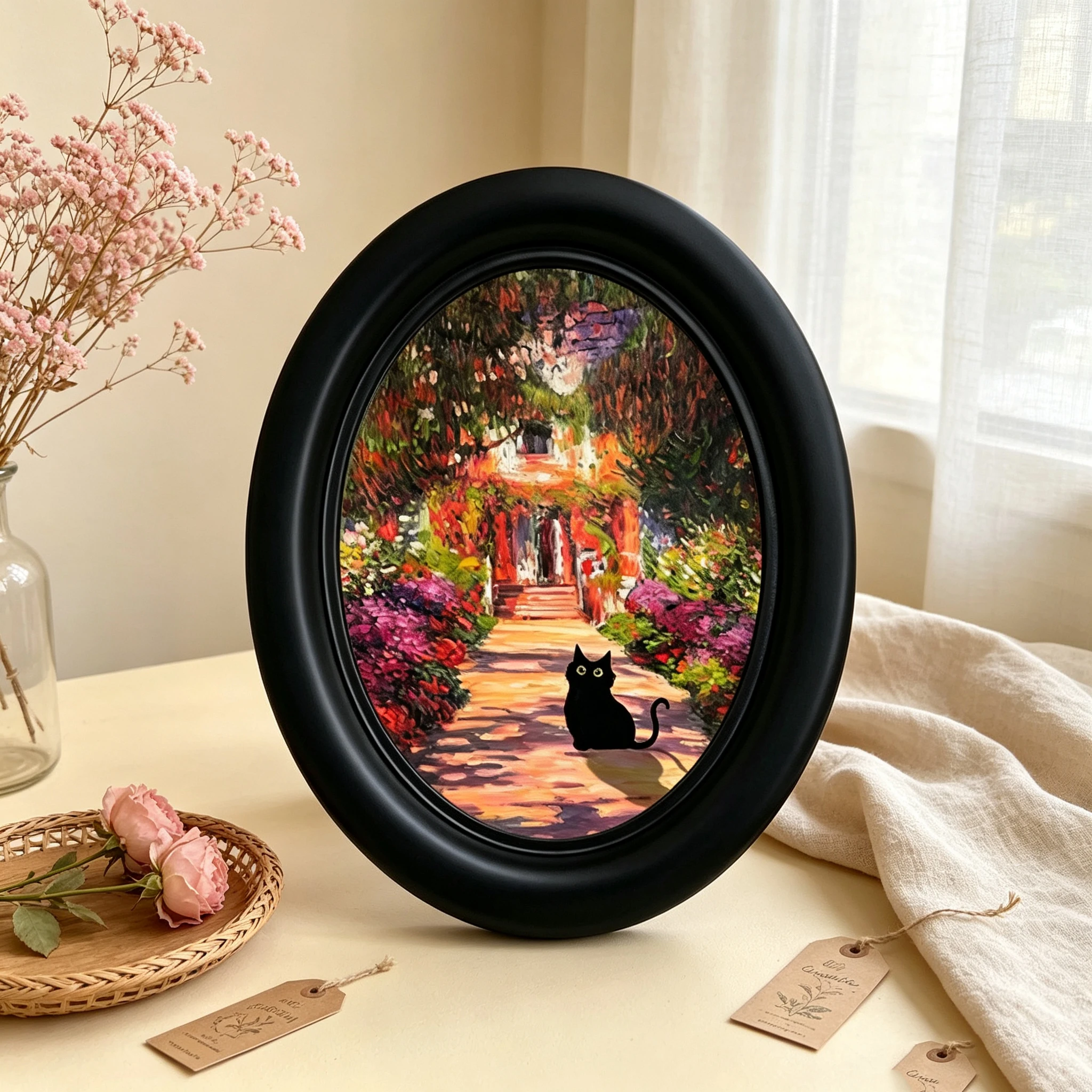Famous Art Van Gogh Klimt Monet Cat Wooden Elliptical Photo Frame, Perfect for Home & Holiday Decoration, Great Gift Choice