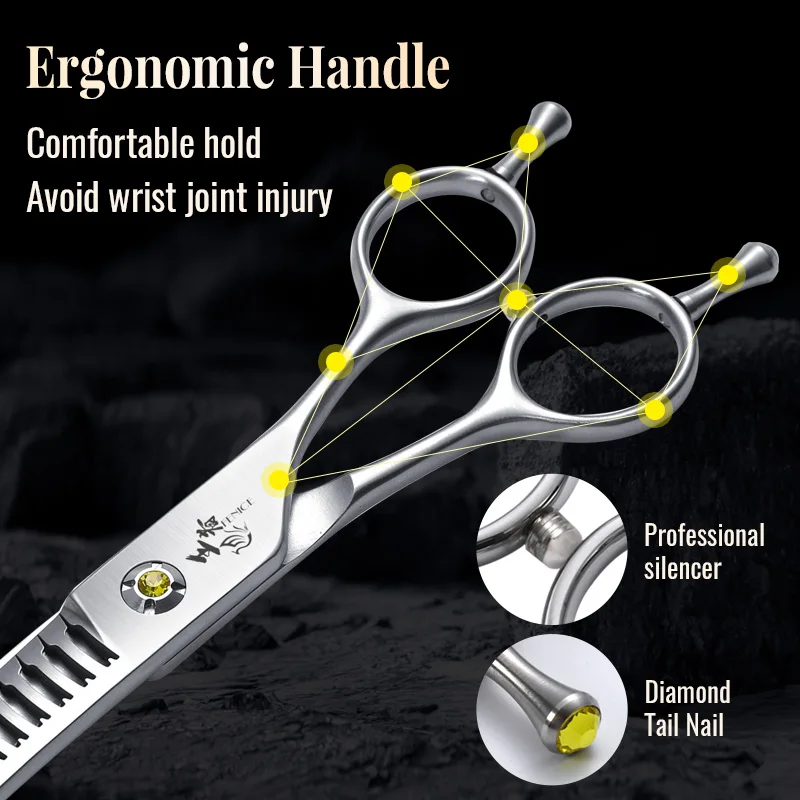 Fenice Scissors 7.0 inch VG10 Pet Grooming Straight/Curved  Natural Chunker Shears Built In Gradient Teeth Comb Thinning Rate90%