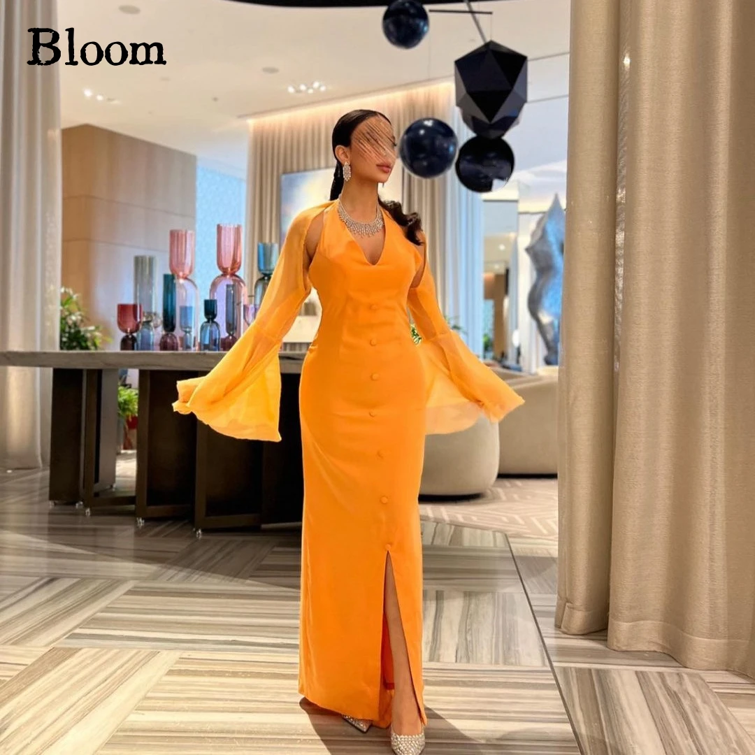 Bloom-vestidos de graduación con cuello en V, botones delanteros divididos, chaqueta, mangas largas acampanadas, vestidos de noche modernos de Arabia, vestido de fiesta de boda