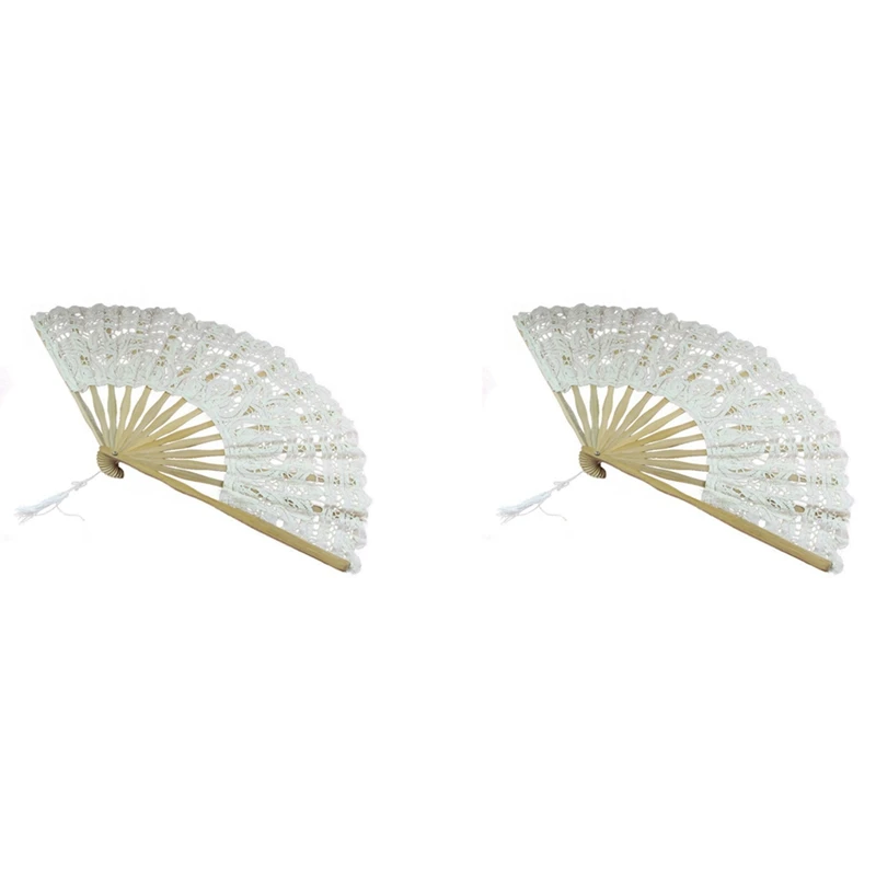 2X Handmade Cotton Lace Folding Hand Fan For Party Bridal Wedding Decoration ( Beige)