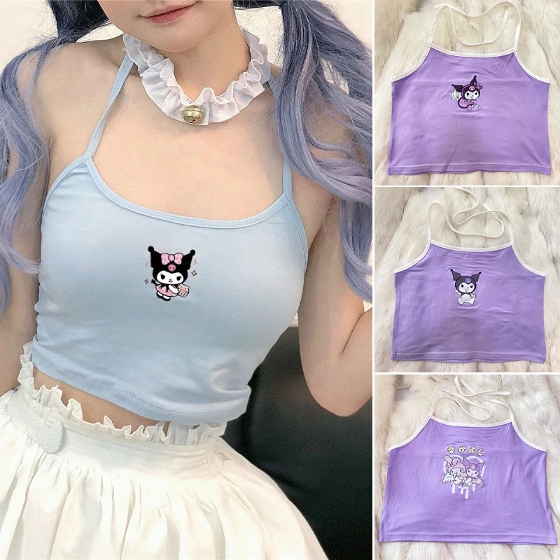 Sanrio Kuromi Tank Top Camis Women Summer Y2k Cartoon Kawaii Cute Fashion Sleeveless Clothes Hanging Neck Girl Slim Fit Top Gift