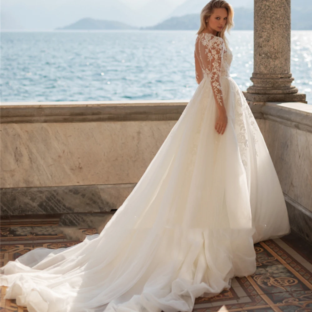 Vestido de casamento com decote em v para mulheres, mangas compridas, apliques de renda, botão traseiro, tule personalizado para medir, robe de mariee para mulheres, 2023
