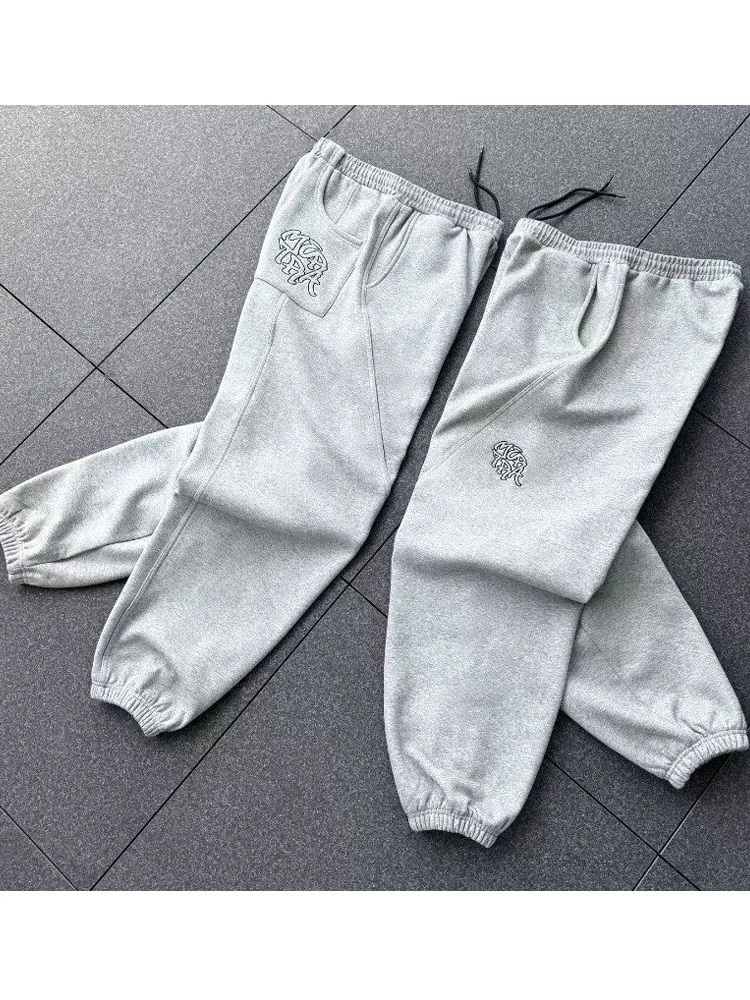 HOUZHOU Vintage Gray Sweatpants Baggy Y2k Harajuku Hip Hop Embroidery Joggers Wide Leg Sports Pants Casual Trousers Streetwear