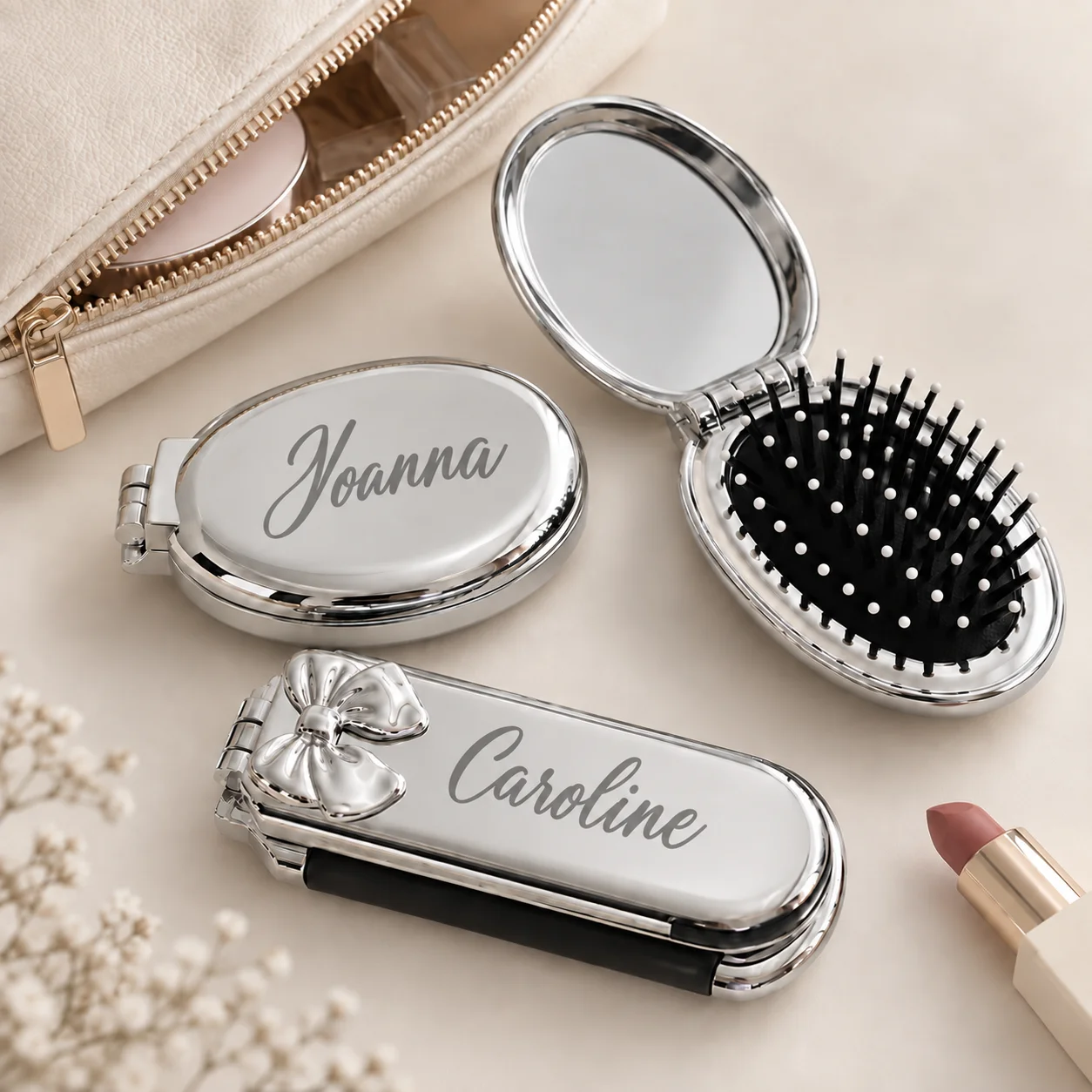 Engraved Name Foldable Air Cushion Hair Brush, Mini Portable Scalp Massage Hairbrush, Sweet Gifts for Her on Wedding & Christmas