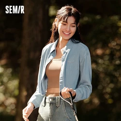 Semir 2024 Denim Shirt Women Short Raw Edge 2024 Spring New Loose Long-Sleeved Top Versatile