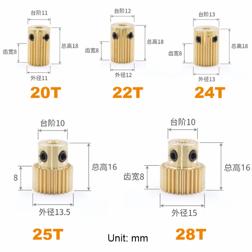 1Pcs Brass Motor Boss Spur Gear 0.5M 20T 22T 24T 25T 28T Brass Pinion Step Gear Bore 4mm  5mm 6mm For Transmission Accessories