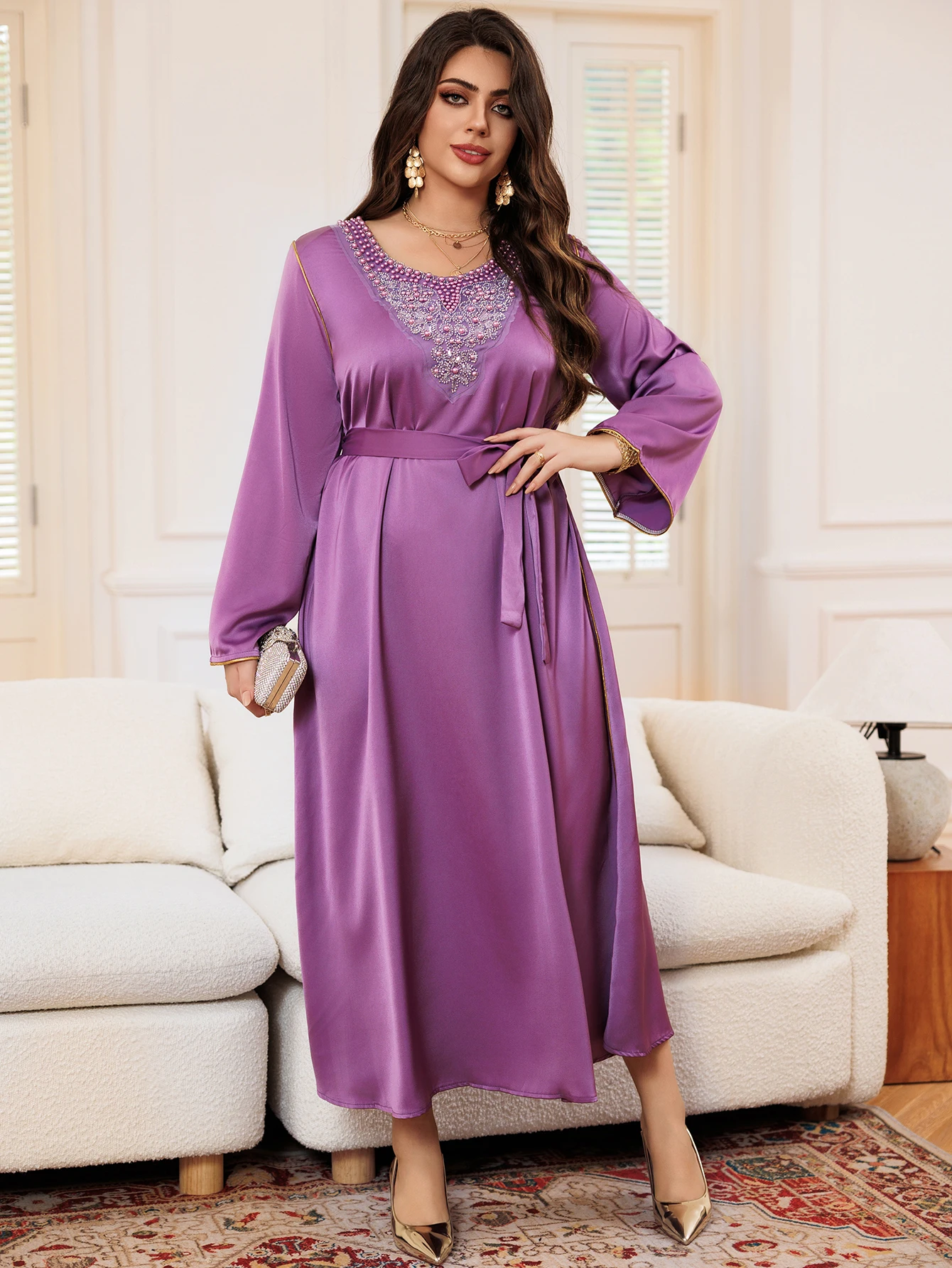 Women\'s Dress Purple Long Sleeve Beaded Patchwork Including Belt Resort Style Middle East Plus Size Arab Gilded Muslims Simple