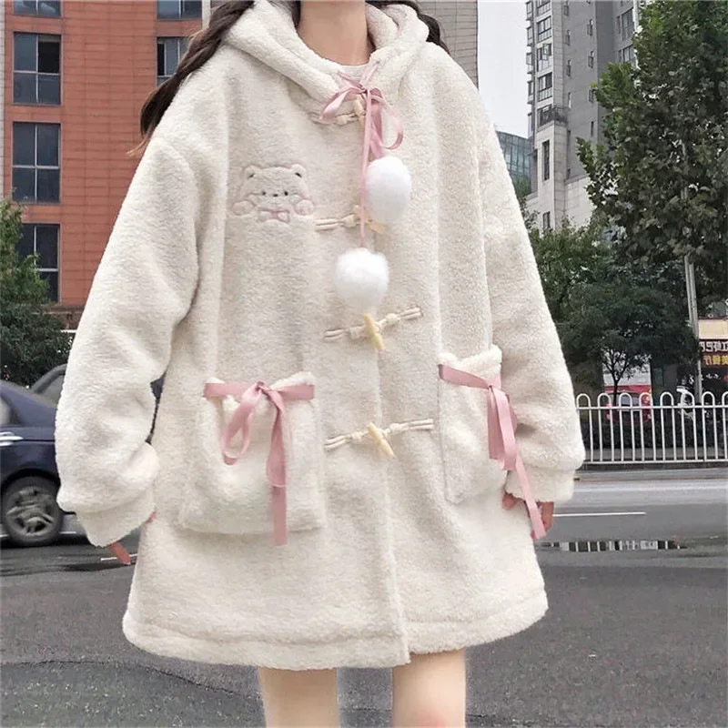 

Japanese Academy Style Cute Little Bear Lamb Wool Top Autumn Winter Women New Plush Thickened Loose Gentle Coat Hoodies Y2k