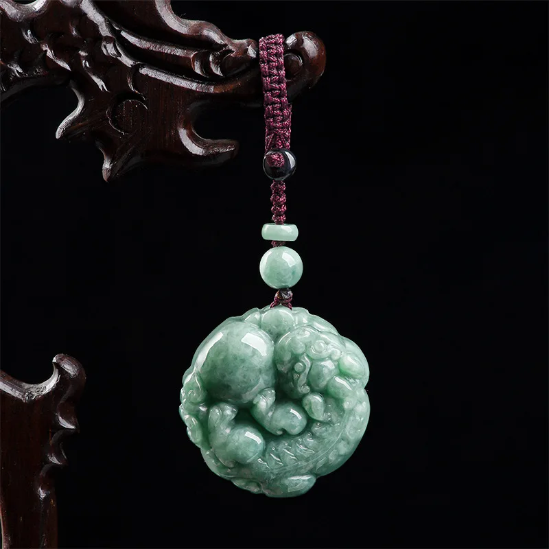 Burmese Emerald Pixiu Yuanbao Phone Chain Keychain Gift Jade Necklace Jewelry Natural Green Amulet Charms Carved Men Jadeite