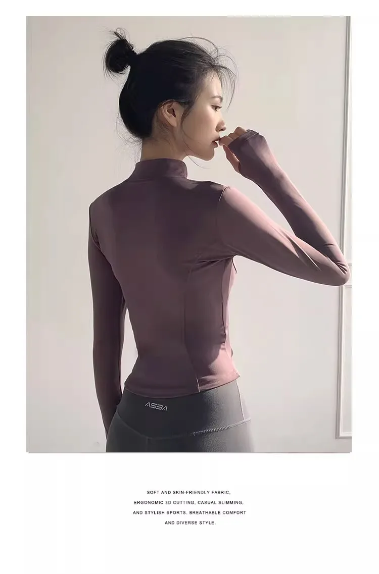 Damenjacke, schnell trocknend, Sonnenschutz, Sportmantel, eng anliegend, Yoga-Kleidung, langärmelig, Strickjacke, Laufen, Fitnessjacke, Reißverschluss – Detail 5