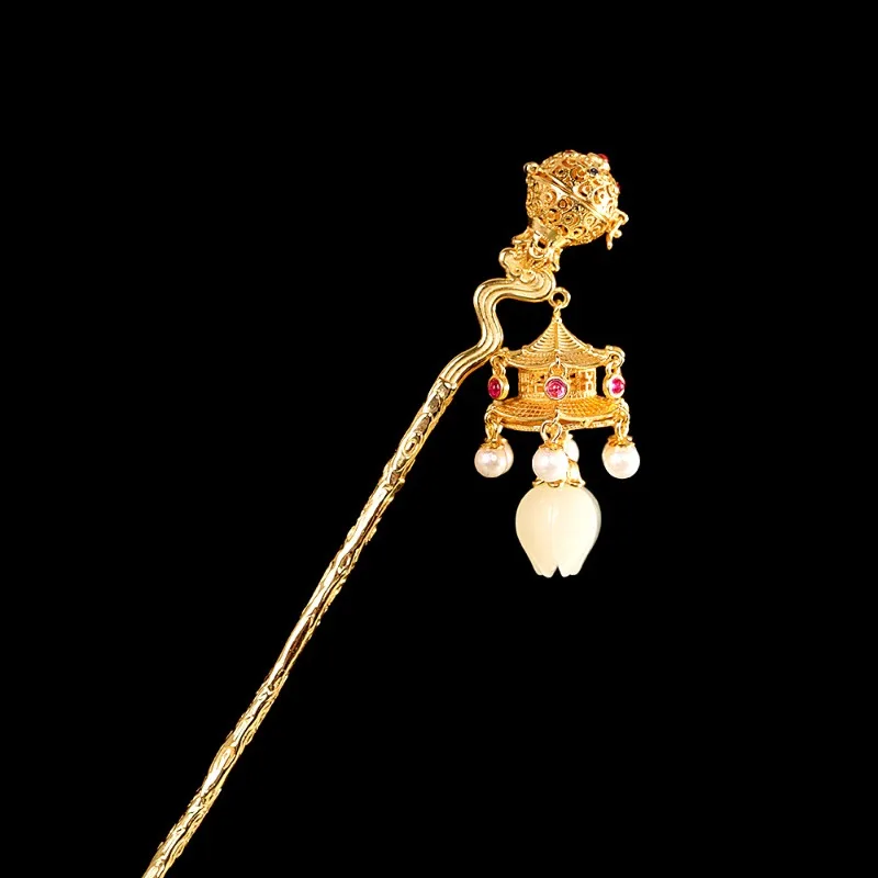 

Palace Style S925 Silver-plated Palace Lantern Hetian Jade Hairpin Ancient French Guochao New Chinese Hairpin