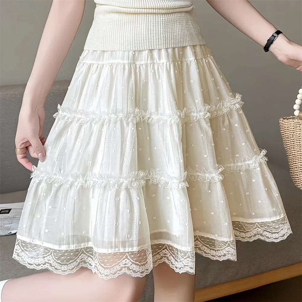 2026 Women's Mid-length White black Lace Skirt Age-reducing Vintage Spring Summer New Fashion Long Casual Lady Skirts