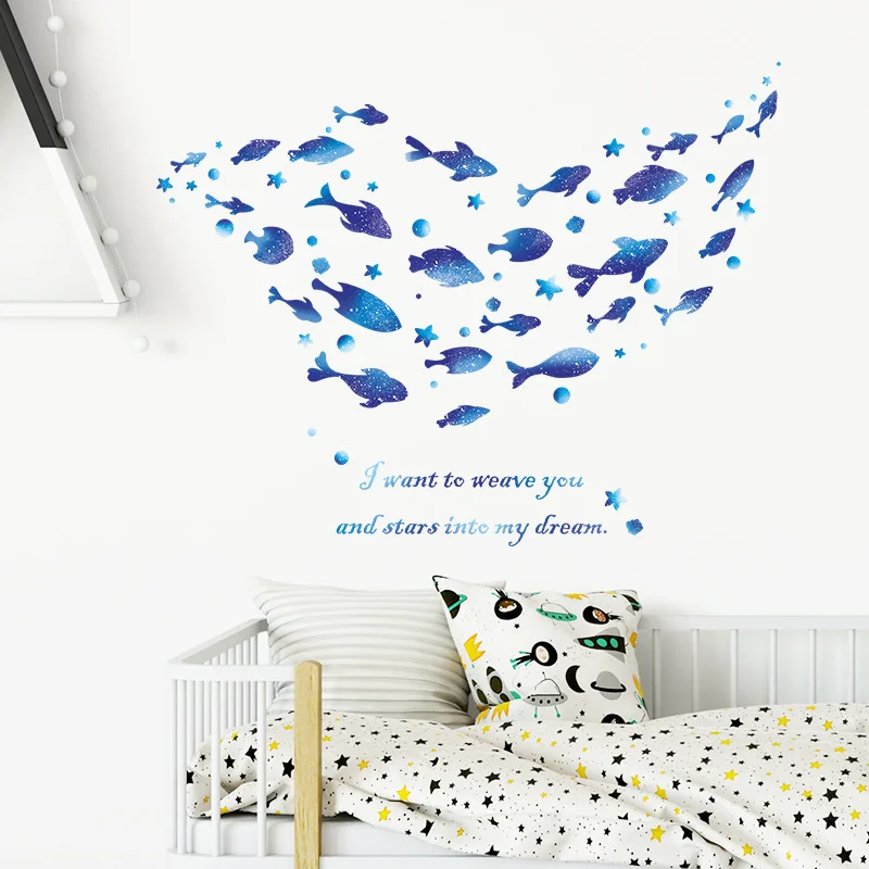 Silhouette de poisson romantique étoilé avec poème « Je veux tisser toi et les étoiles dans mon rêve » Autocollant mural amovible