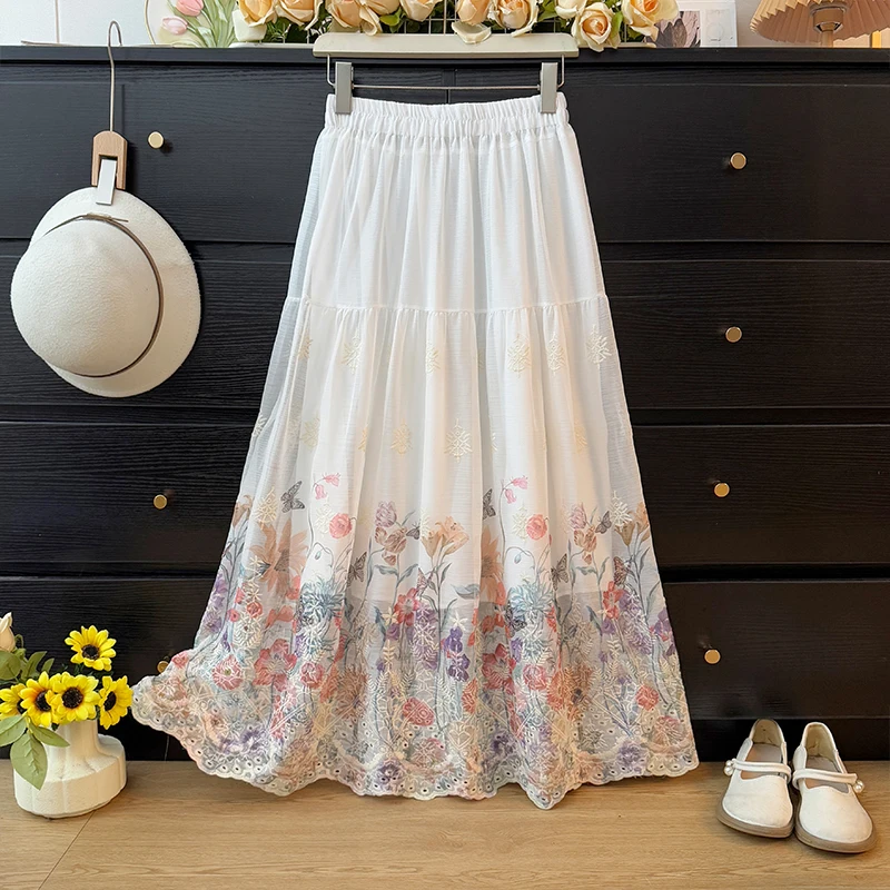 Embroidery Hollow Out Print Women' Skirt Spring Autumn New Fresh High Waist Slim-looking A-line Skirt Casual Loose Green Skirt
