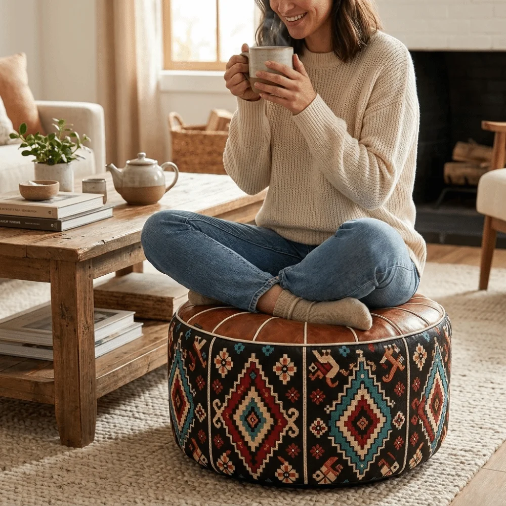 Space Saver PU Leather Sofa Stool Cover Fillable Boho Style Footstool Cover Foldable Water Resistant Leather Pouf Home