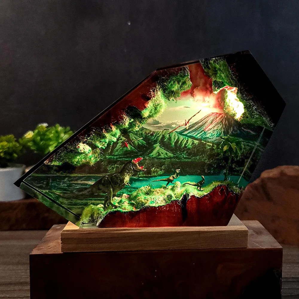 ZZ 2026 Dinosaur Resin Night Light Wooden Table Lamp Jurassic Themed Desktop Ornament Holiday Gift For Home Decoration