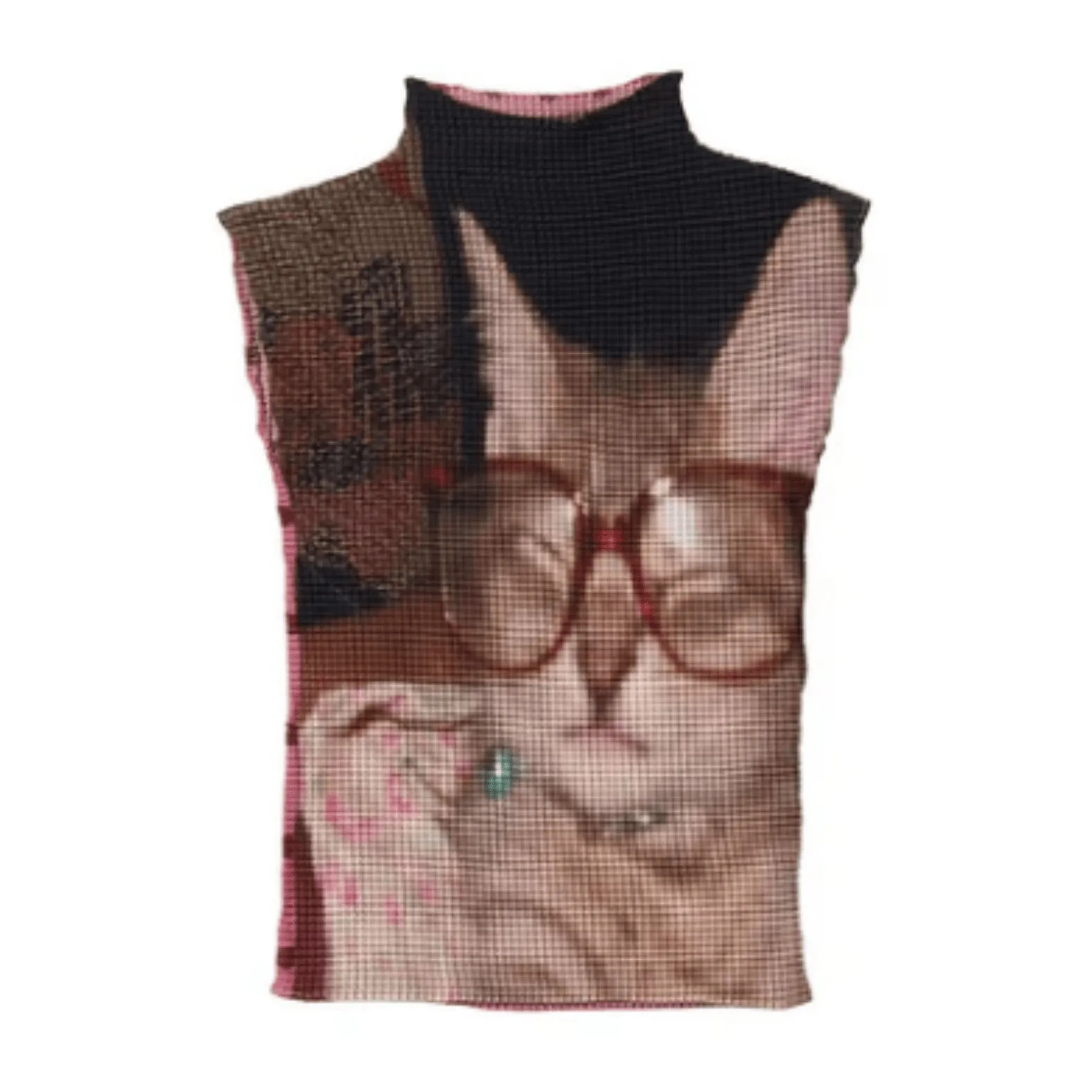 Retro INS Summer Women's High Neck New Summer Waffle Printed Top Oriental Koi Short Sleeve T-shirt
