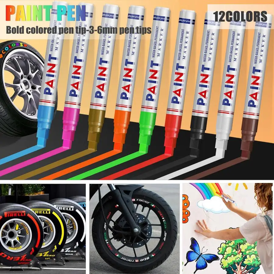 12-Color Painting Pen Waterproof Permanent Graffiti Repair Tire Marking Pen Car Rubber Tread Marking Pen Suitable for Bicycles, Car Metal Products