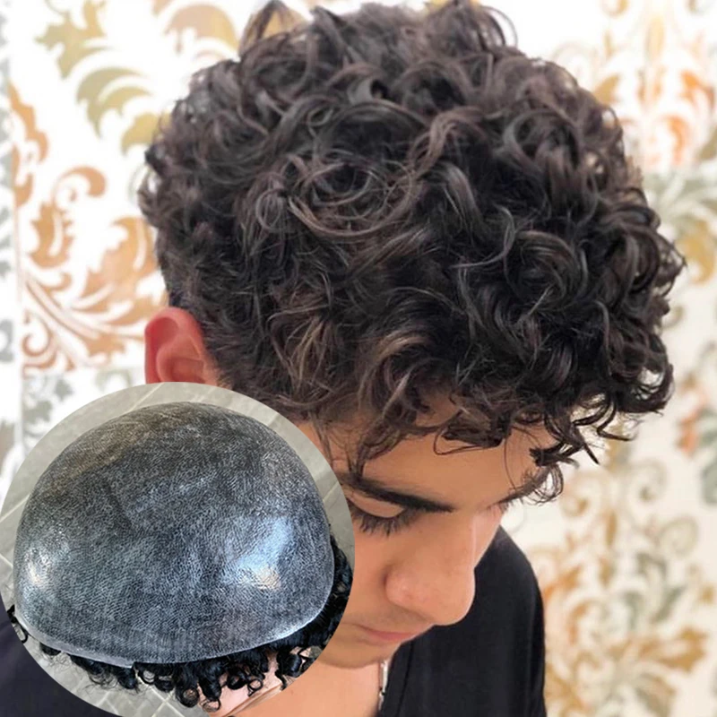 Pu 남성 Toupee 인모 가발, 자연스러운 헤어 라인, 남성 마이크로 스킨 헤어피스, 20mm 곱슬 1B40 1B20 그레이 블랙 내구성 풀 스킨, 0.1mm