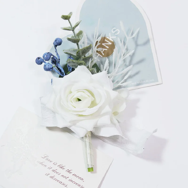 Boutonniere e pulso Corsage para casamento, flor de simulação floral, celebração de negócios, abrindo convidados, flor de busto, branco e bege