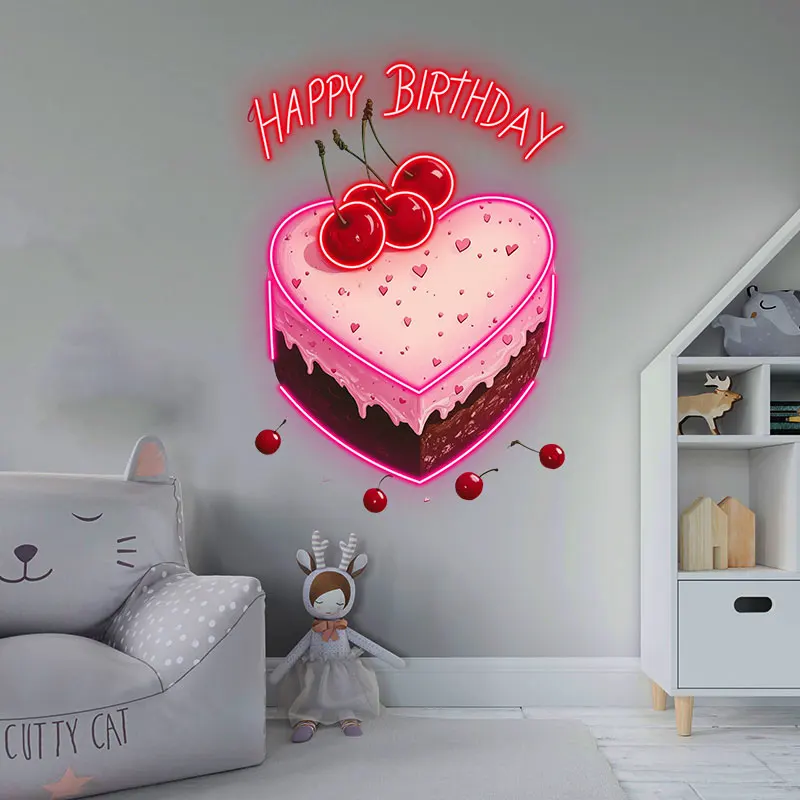 Heart-Shaped Cherry Cake Happy Birthday Neon Light, Cute LED Sign for Birthday Party, Perfect for Sweet & Festive Celebrations