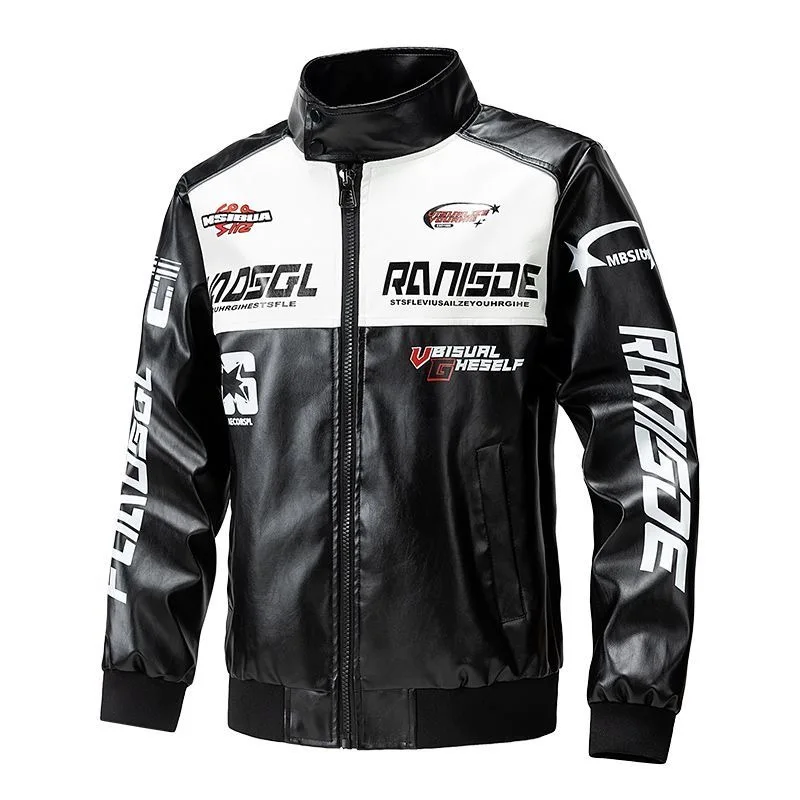 Men's leather jacket racing jacket stand collar zipper bicycle jacket loose letter printed street wear women's motorcycle jacket