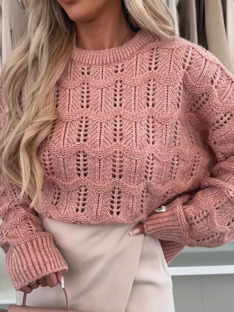 

Осень-зима, однотонный ажурный свитер, женский модный свободный топ с круглым вырезом, пуловер, повседневный офисный женский джемпер с длинными рукавами