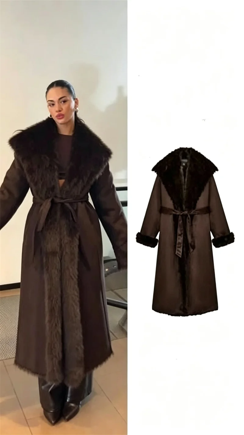 Guobioziy Women's Coat 2026 Early Fall New Arrival Fashionable High-End Long Sleeve Large Lapel Faux Fur Effect Belted Long Coat