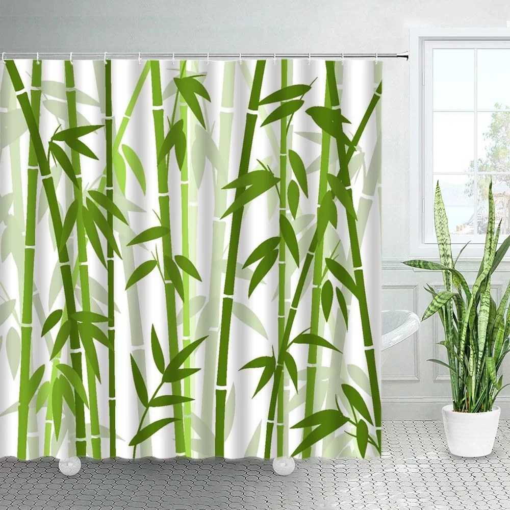 Bamboo Printed Shower Curtains Set Zen Japanese Spring Nature Tan Home Decor Asian Fabric Chic Bathroom Bath Curtain with Hooks