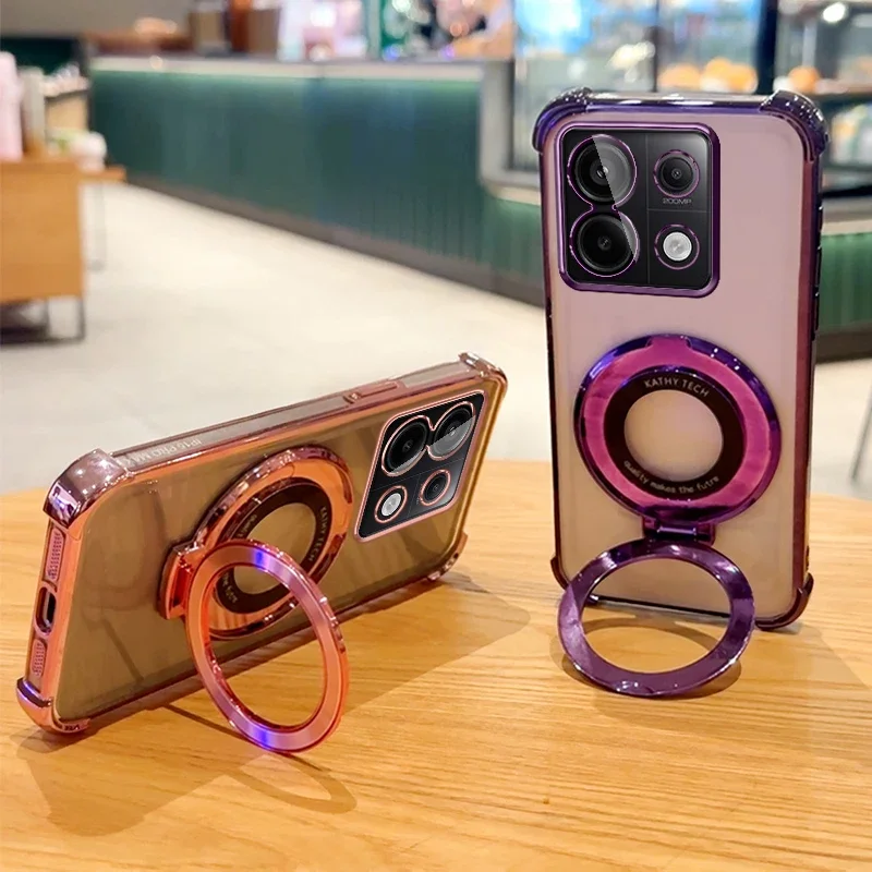 Clear Transparent Shockproof Plating Magsafe Magnetic Stand Holder Case For Xiaomi Redmi Note 13 Pro 4G 5G 13R Cover