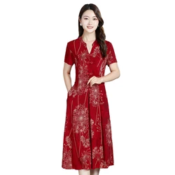 Retro Chinese Improved Cheongsam Ladies Dress Elegant Buckle V-neck Flower Short Sleeve Midi Dress for Womens