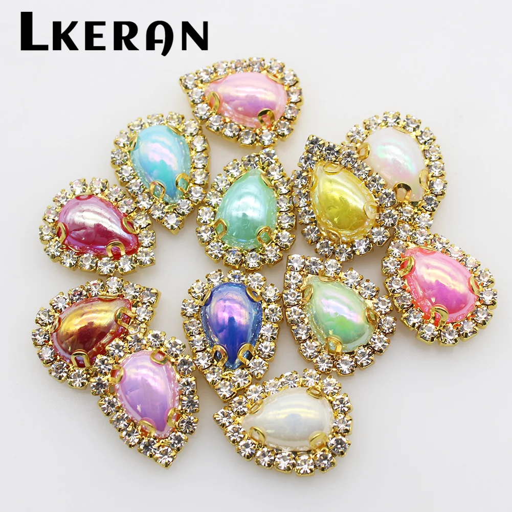 LKERAN 16*20mm 10pcs 4-Hole AB Pearl Buttons Gold Metal Craft DIY Sewing Decorative Clothing Button Accessories