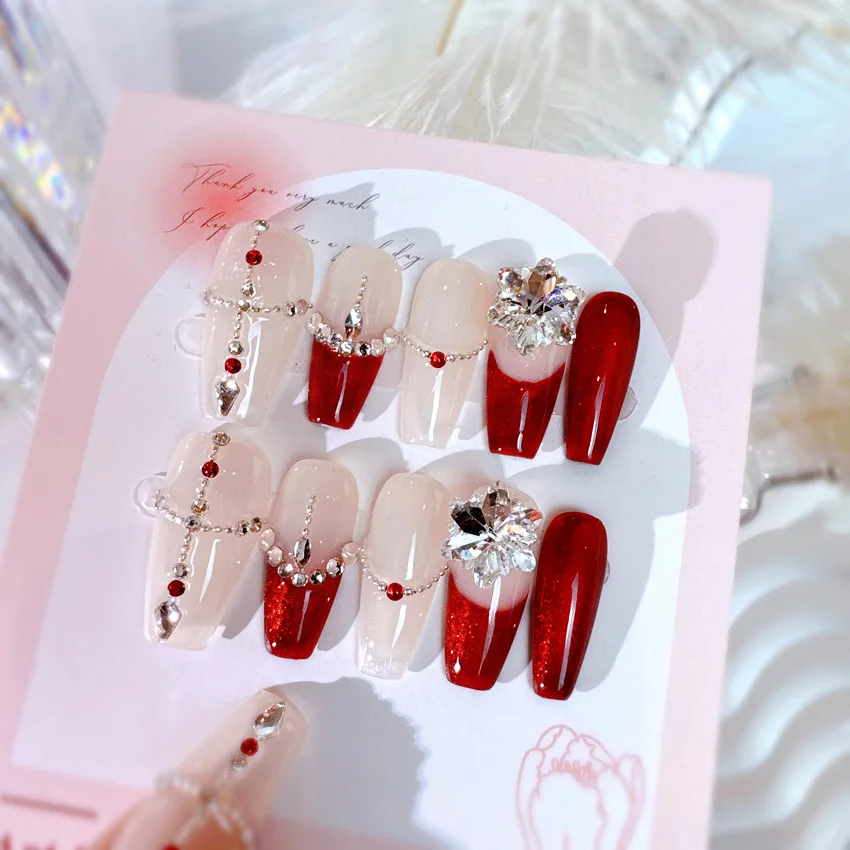 Handmade Grande Decoração De Cristal, Pressione nas unhas, Vermelho Noiva Francesa, Wearable Patches De Unhas Falsas, Glitter Rhinestone, Dicas Falsas, 10pcs