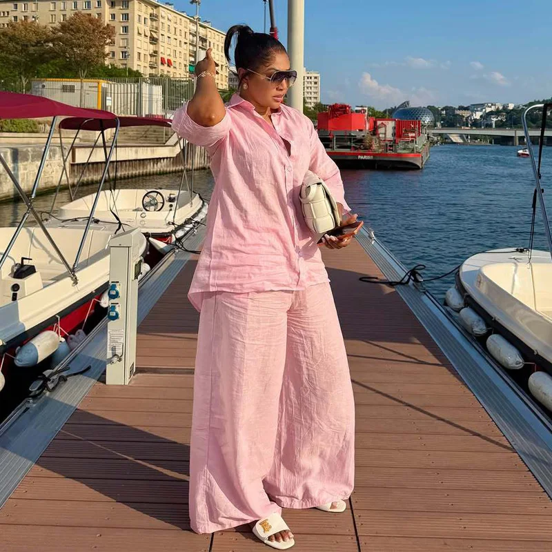New African Fashion Women Summer Two Piece Set Pink Color Short Sleeve Loose Shirt Top And Wide Leg Pants Set Outfits