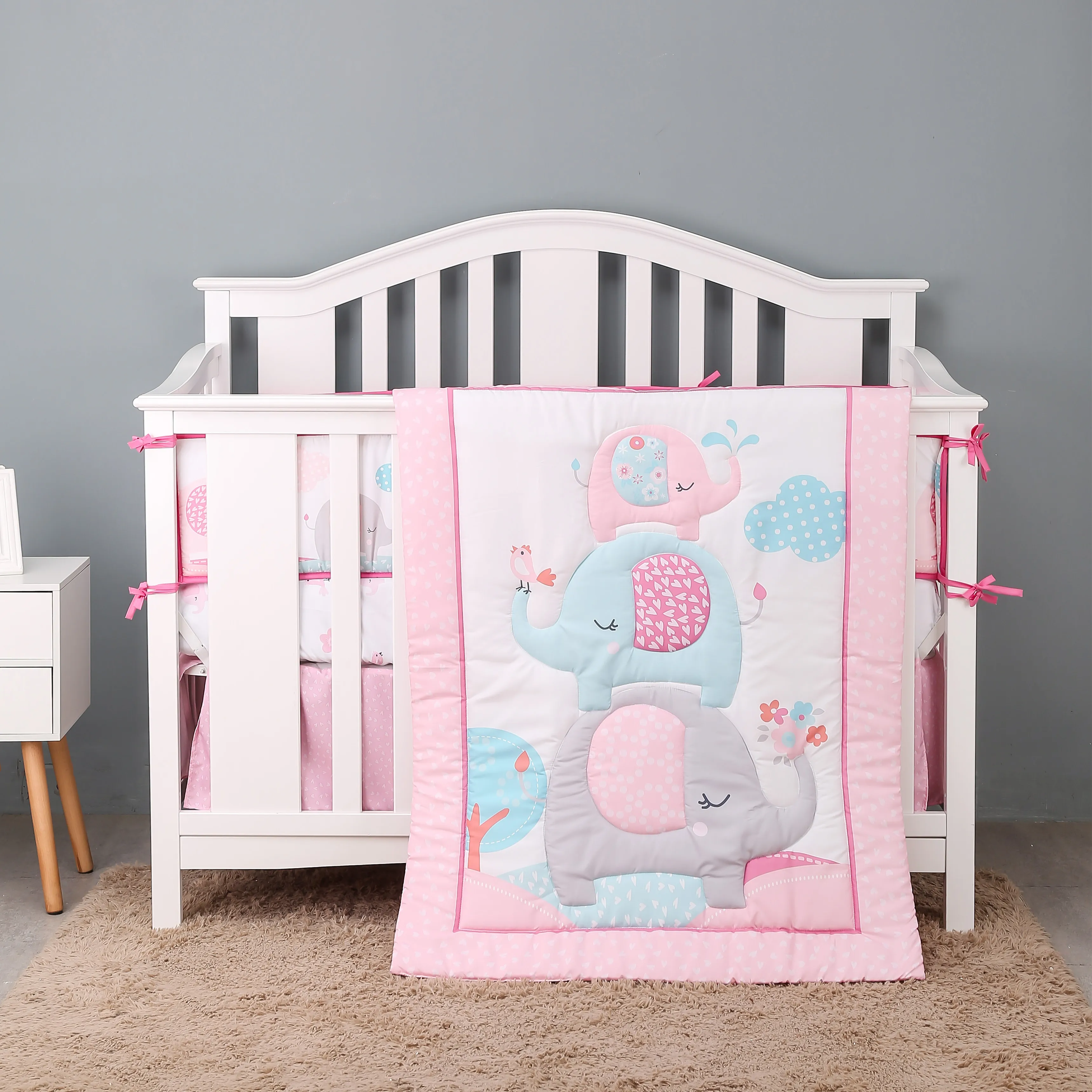 

7Pcs Pink Elephant Baby Crib Bedding Set Infant Baby Nursery Bedding Comforter Set (4Bumper Crib Sheet Comforter Crib Skirt)