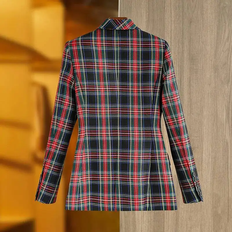 LEOSOXS Vintage Plaid Women's Blazers Double-breasted Formal Jackets Long Sleeves Lapel Outerwear Office Lady Suit Coats Autumn