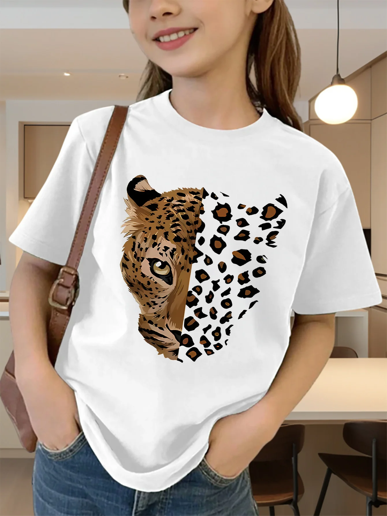 Cute Heart Shaped Leopard Face Print Graphic Kids Tee Boys Girls Family Matching Cotton Crew Neck Short Sleeve Soft Summer Tee